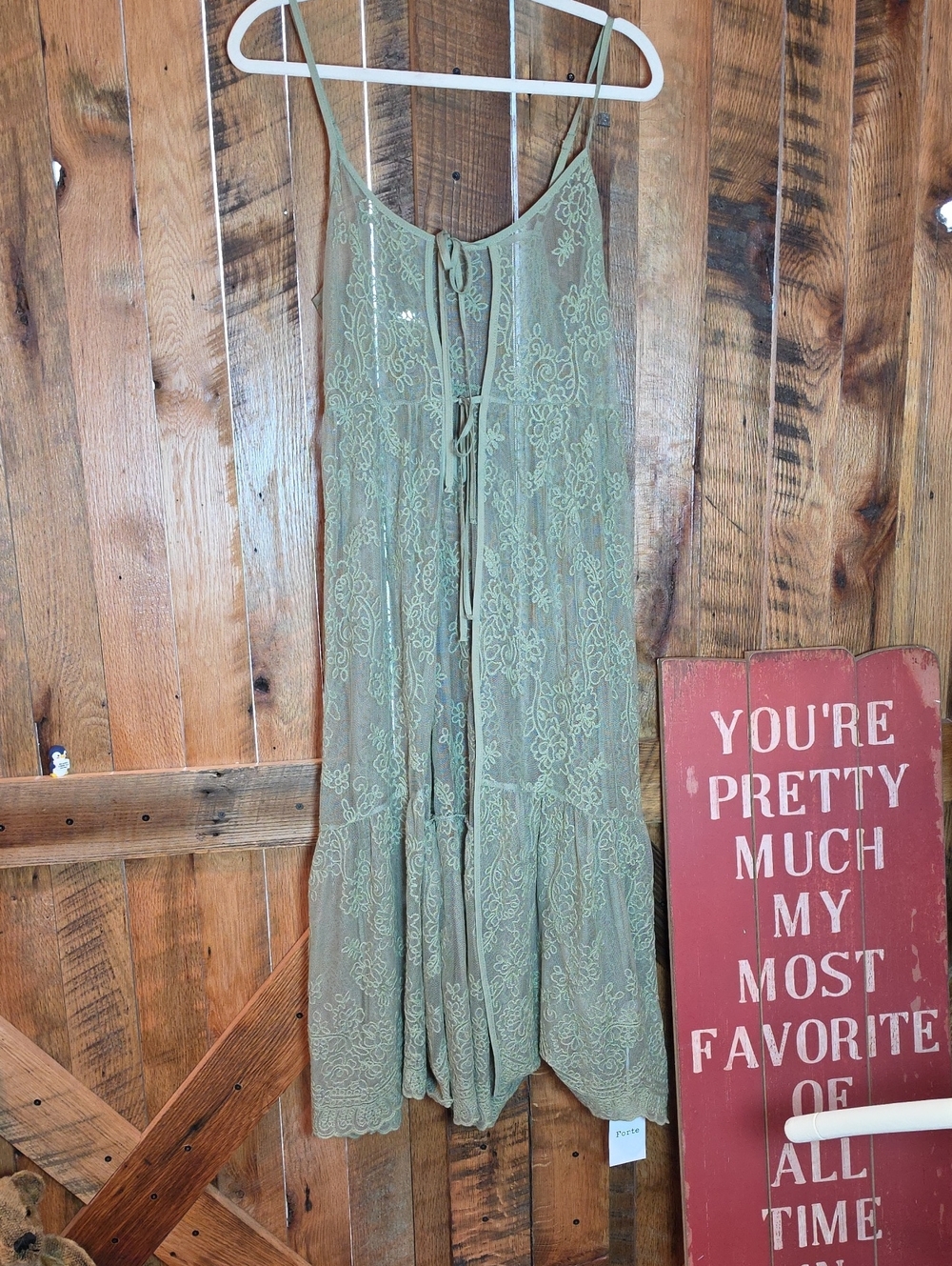 211p Forte Olive Lace Tiered Duster with Tie Front